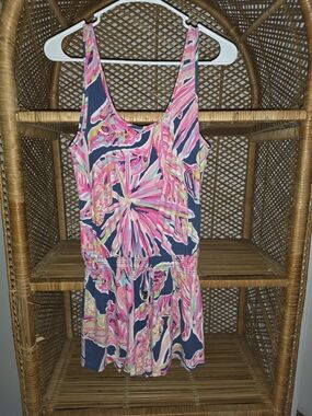 Lilly Pulitzer Tala Romper Indigo Sunseekers Blue Pink Orange Floral Size Medium